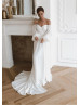 Off Shoulder Ivory Chiffon Pearl Buttons Back Wedding Dress